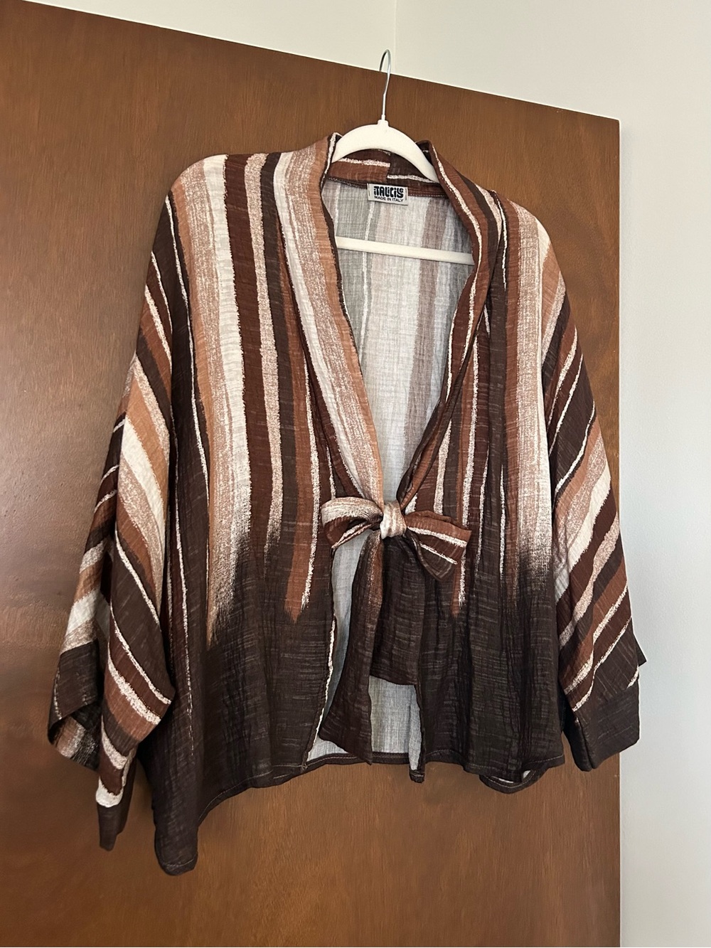 Bric's Brown and Cream Striped Tie-Front Women's Cardigan Shrug